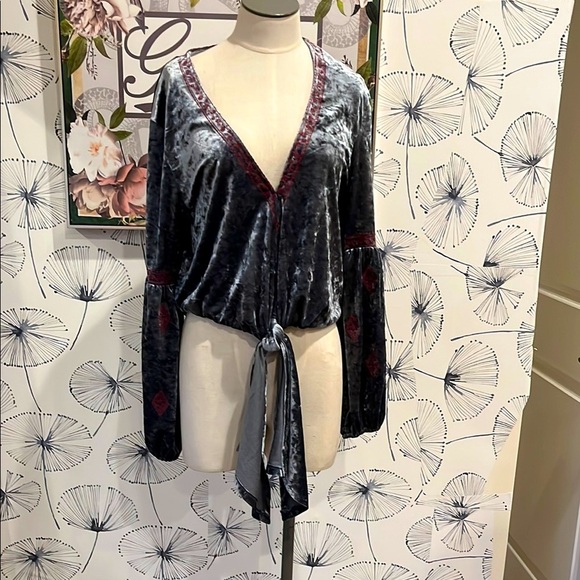 Velvet Tie-Front Top in Blue and Red by together - Picture 1 of 2